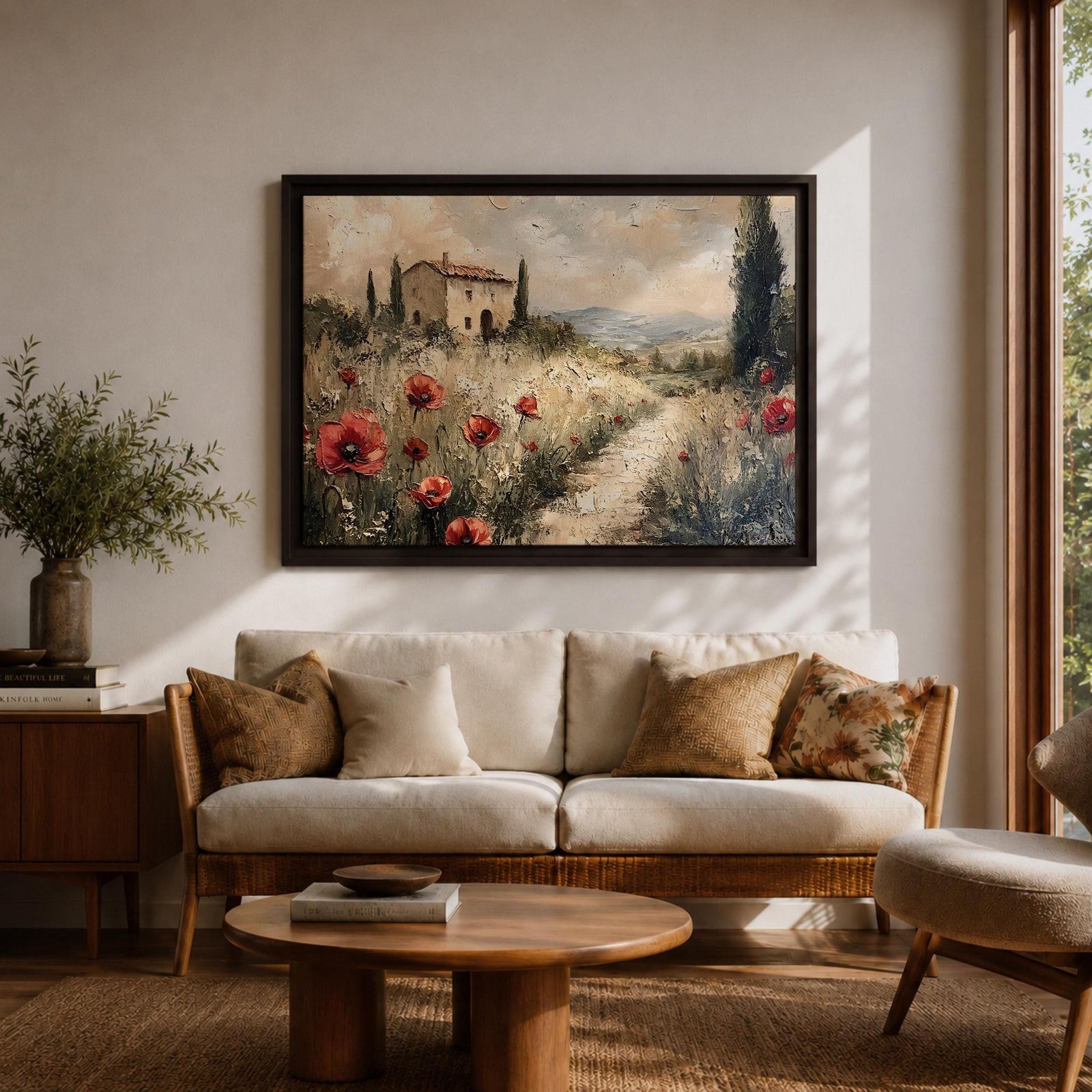 An impasto style painting depicting a rustic Tuscan landscape with a stone farmhouse surrounded by tall cypress trees and red poppies along a winding path leading into distant rolling hills under a cloudy sky.