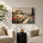 An impasto style painting depicting a rustic Tuscan landscape with a stone farmhouse surrounded by tall cypress trees and red poppies along a winding path leading into distant rolling hills under a cloudy sky.