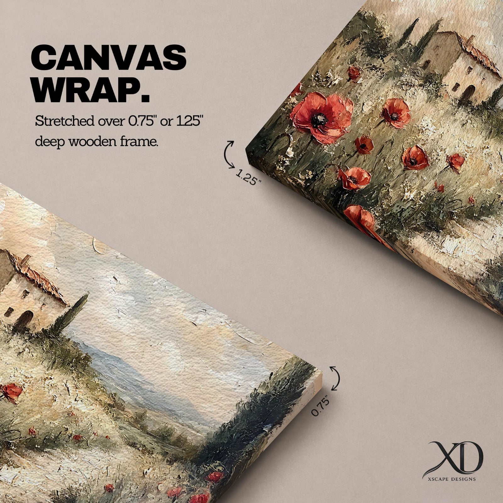 An impasto style painting depicting a rustic Tuscan landscape with a stone farmhouse surrounded by tall cypress trees and red poppies along a winding path leading into distant rolling hills under a cloudy sky.