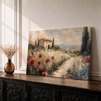 An impasto style painting depicting a rustic Tuscan landscape with a stone farmhouse surrounded by tall cypress trees and red poppies along a winding path leading into distant rolling hills under a cloudy sky.