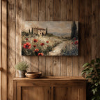 An impasto style painting depicting a rustic Tuscan landscape with a stone farmhouse surrounded by tall cypress trees and red poppies along a winding path leading into distant rolling hills under a cloudy sky.