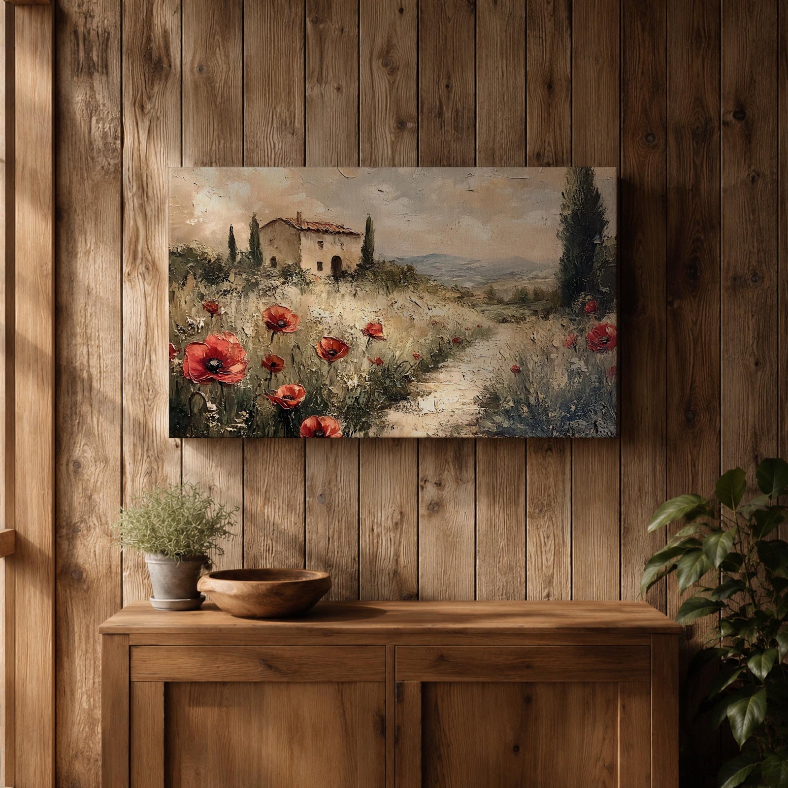 An impasto style painting depicting a rustic Tuscan landscape with a stone farmhouse surrounded by tall cypress trees and red poppies along a winding path leading into distant rolling hills under a cloudy sky.