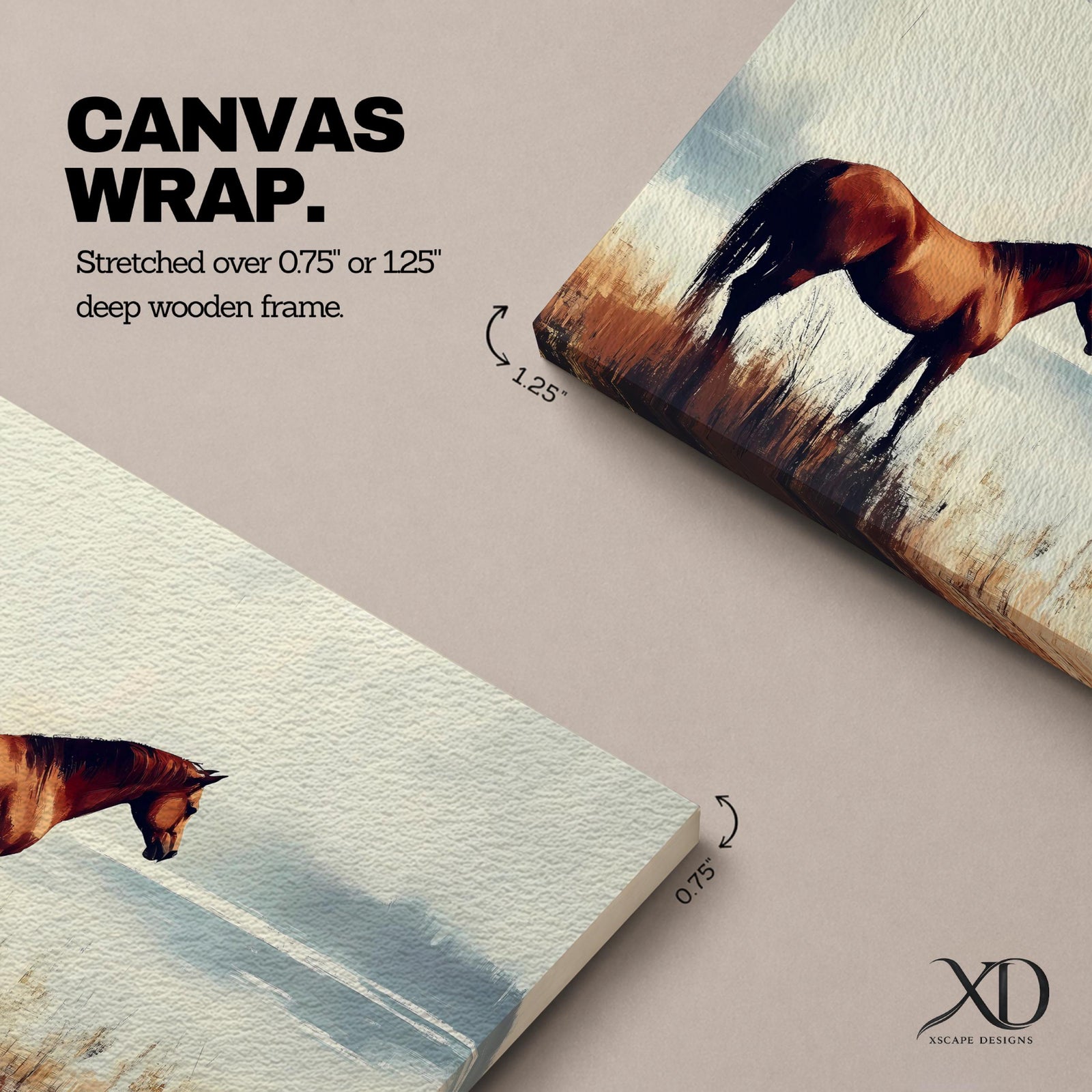 A vintage-style oil painting print of a horse standing in a natural landscape with muted tones. The horse is depicted realistically with detailed brushwork, framed in wood, and set against a soft, blurred background of grass and water, capturing a serene rural scene with classic artistic style.