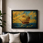 An impasto style painting of a sailing ship with full sails on a turbulent ocean under a dramatic sky filled with textured clouds. The ship is depicted in warm tones contrasting with the deep blue sea, capturing the dynamic movement of waves and wind in a richly textured landscape composition.