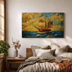 An impasto style painting of a sailing ship with full sails on a turbulent ocean under a dramatic sky filled with textured clouds. The ship is depicted in warm tones contrasting with the deep blue sea, capturing the dynamic movement of waves and wind in a richly textured landscape composition.