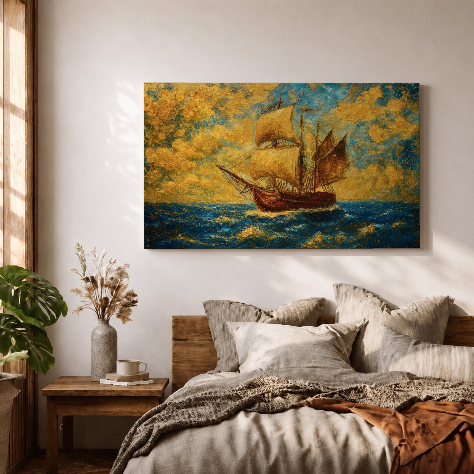 An impasto style painting of a sailing ship with full sails on a turbulent ocean under a dramatic sky filled with textured clouds. The ship is depicted in warm tones contrasting with the deep blue sea, capturing the dynamic movement of waves and wind in a richly textured landscape composition.