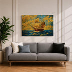 An impasto style painting of a sailing ship with full sails on a turbulent ocean under a dramatic sky filled with textured clouds. The ship is depicted in warm tones contrasting with the deep blue sea, capturing the dynamic movement of waves and wind in a richly textured landscape composition.