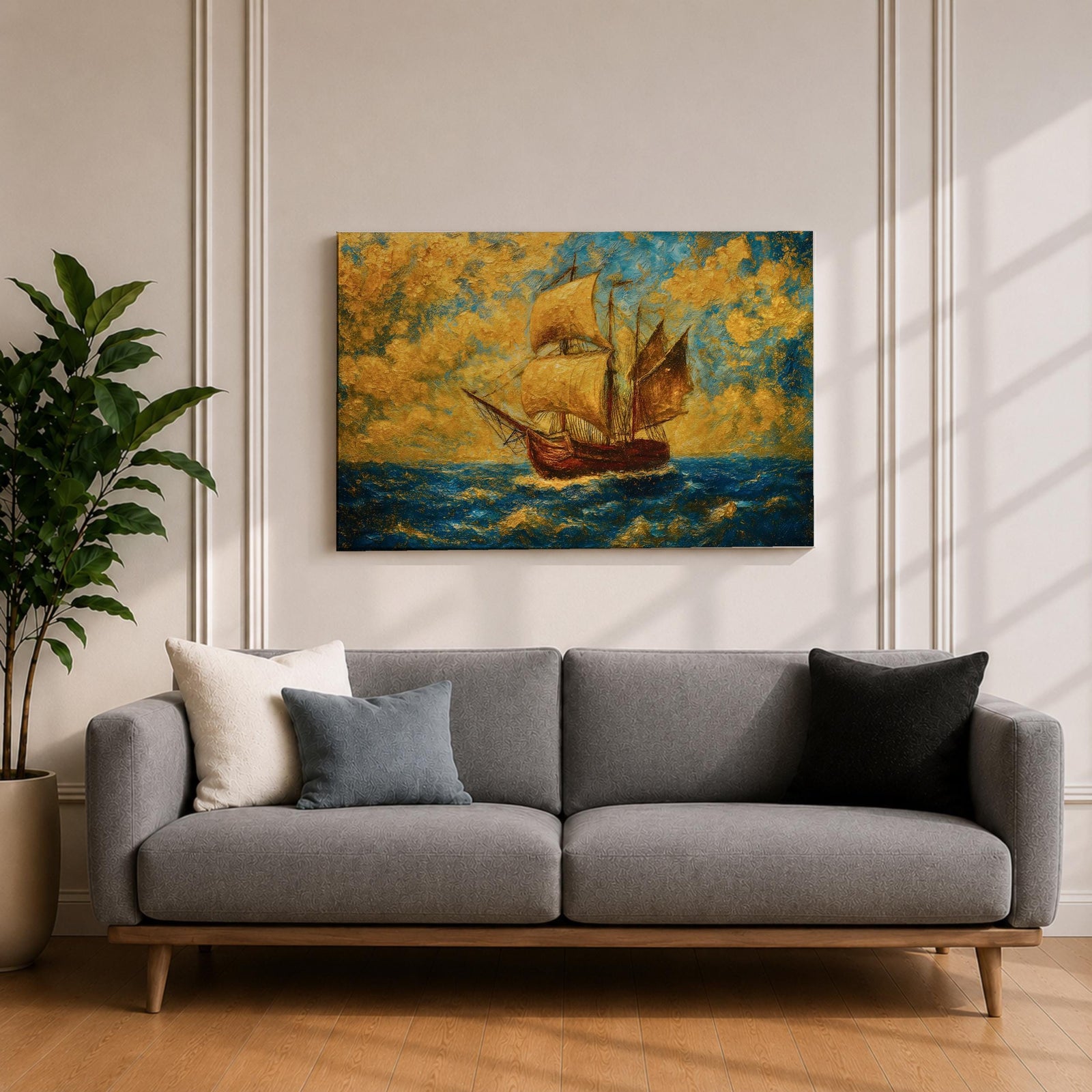 An impasto style painting of a sailing ship with full sails on a turbulent ocean under a dramatic sky filled with textured clouds. The ship is depicted in warm tones contrasting with the deep blue sea, capturing the dynamic movement of waves and wind in a richly textured landscape composition.