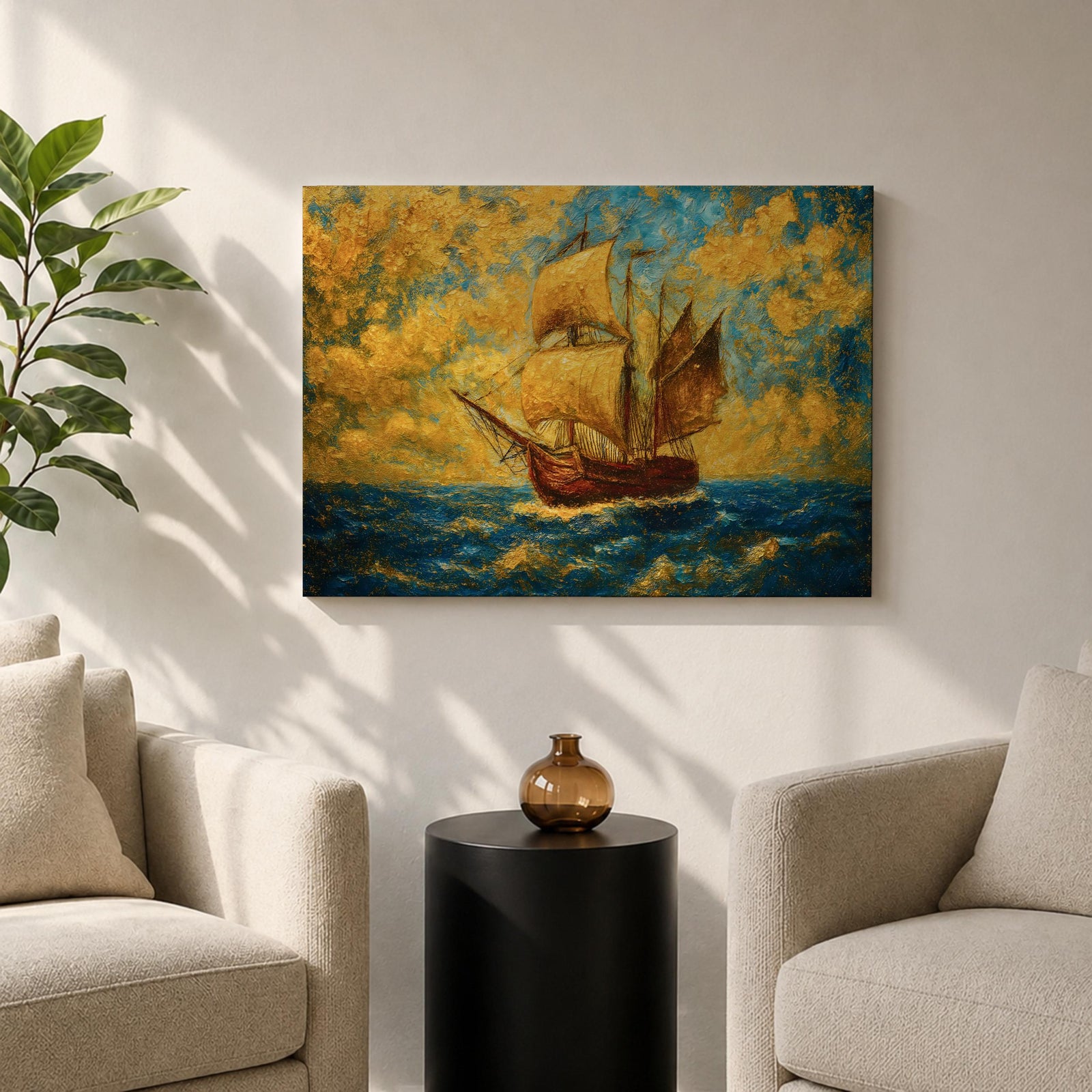 An impasto style painting of a sailing ship with full sails on a turbulent ocean under a dramatic sky filled with textured clouds. The ship is depicted in warm tones contrasting with the deep blue sea, capturing the dynamic movement of waves and wind in a richly textured landscape composition.