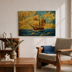 An impasto style painting of a sailing ship with full sails on a turbulent ocean under a dramatic sky filled with textured clouds. The ship is depicted in warm tones contrasting with the deep blue sea, capturing the dynamic movement of waves and wind in a richly textured landscape composition.