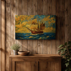 An impasto style painting of a sailing ship with full sails on a turbulent ocean under a dramatic sky filled with textured clouds. The ship is depicted in warm tones contrasting with the deep blue sea, capturing the dynamic movement of waves and wind in a richly textured landscape composition.