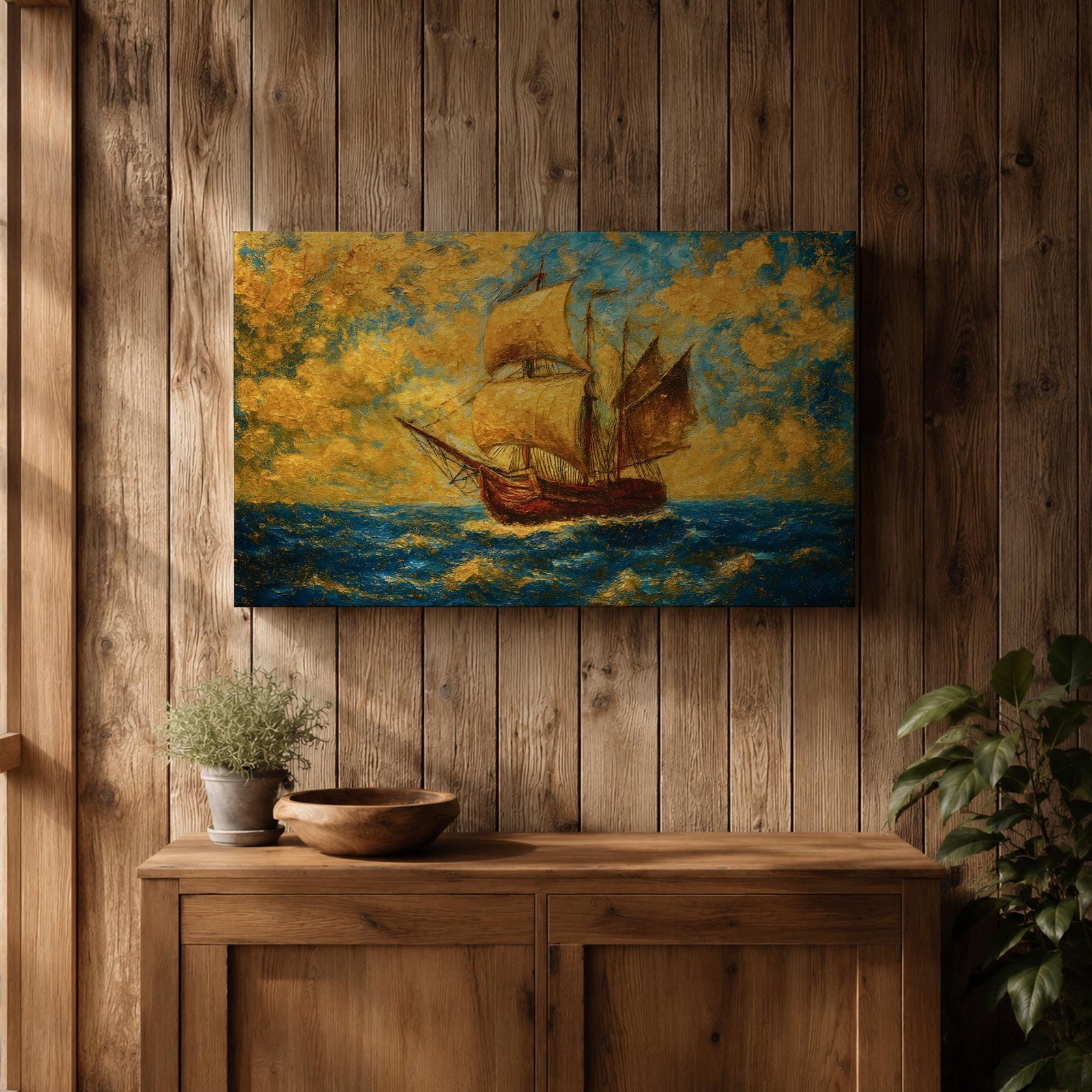 An impasto style painting of a sailing ship with full sails on a turbulent ocean under a dramatic sky filled with textured clouds. The ship is depicted in warm tones contrasting with the deep blue sea, capturing the dynamic movement of waves and wind in a richly textured landscape composition.
