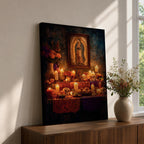 A vintage style framed canvas wall art depicting Our Lady of Guadalupe with a detailed image of the Virgin of Guadalupe surrounded by candles, flowers, and traditional Mexican altar elements, rendered in warm tones with a textured background.