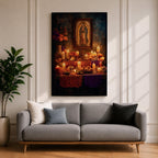 A vintage style framed canvas wall art depicting Our Lady of Guadalupe with a detailed image of the Virgin of Guadalupe surrounded by candles, flowers, and traditional Mexican altar elements, rendered in warm tones with a textured background.