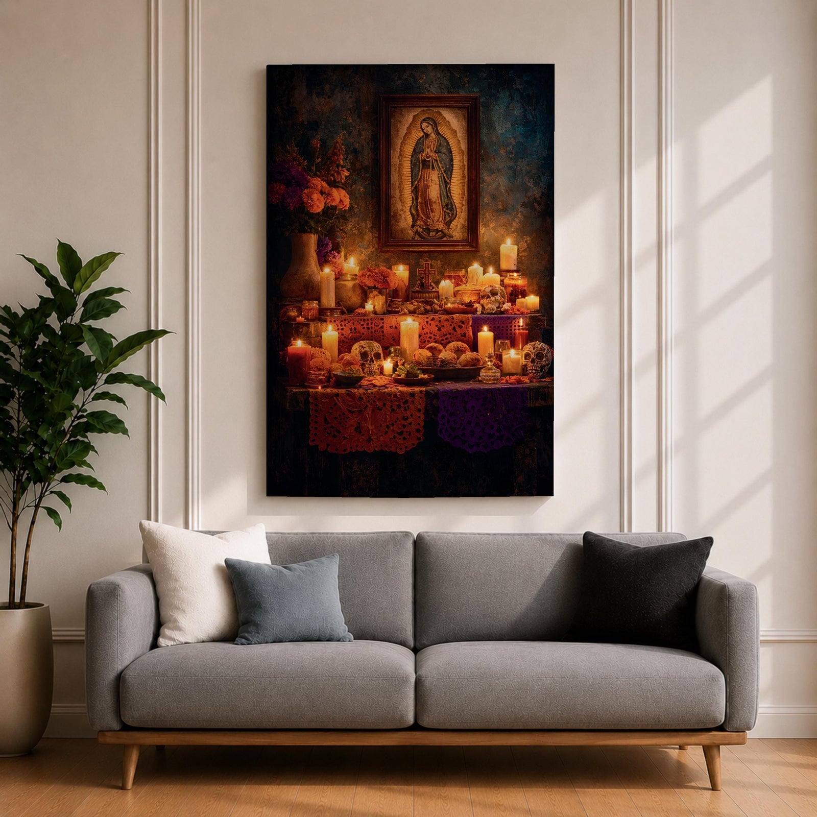A vintage style framed canvas wall art depicting Our Lady of Guadalupe with a detailed image of the Virgin of Guadalupe surrounded by candles, flowers, and traditional Mexican altar elements, rendered in warm tones with a textured background.