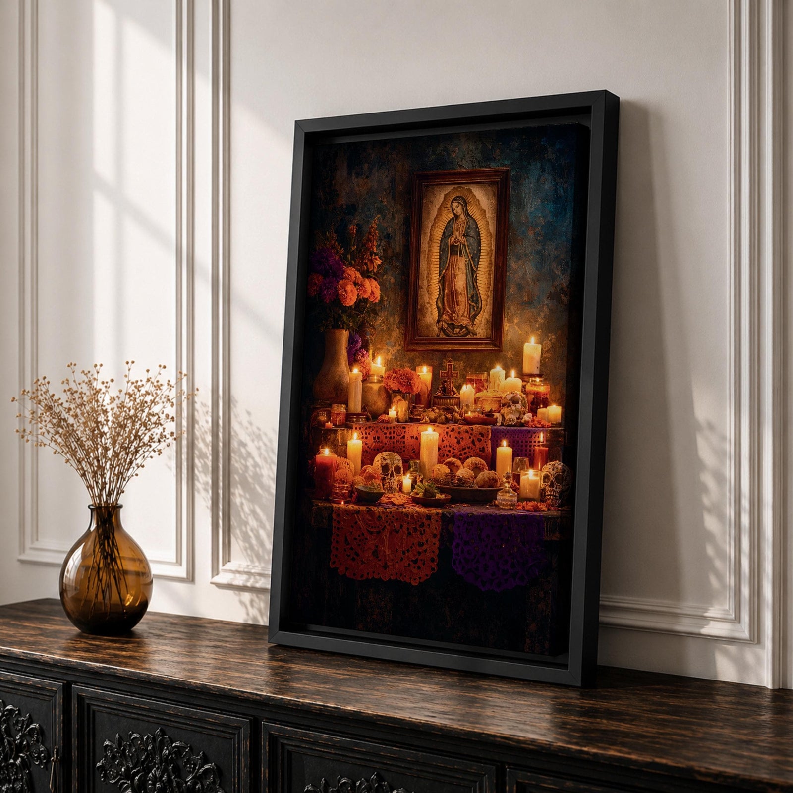 A vintage style framed canvas wall art depicting Our Lady of Guadalupe with a detailed image of the Virgin of Guadalupe surrounded by candles, flowers, and traditional Mexican altar elements, rendered in warm tones with a textured background.
