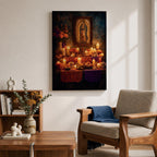 A vintage style framed canvas wall art depicting Our Lady of Guadalupe with a detailed image of the Virgin of Guadalupe surrounded by candles, flowers, and traditional Mexican altar elements, rendered in warm tones with a textured background.