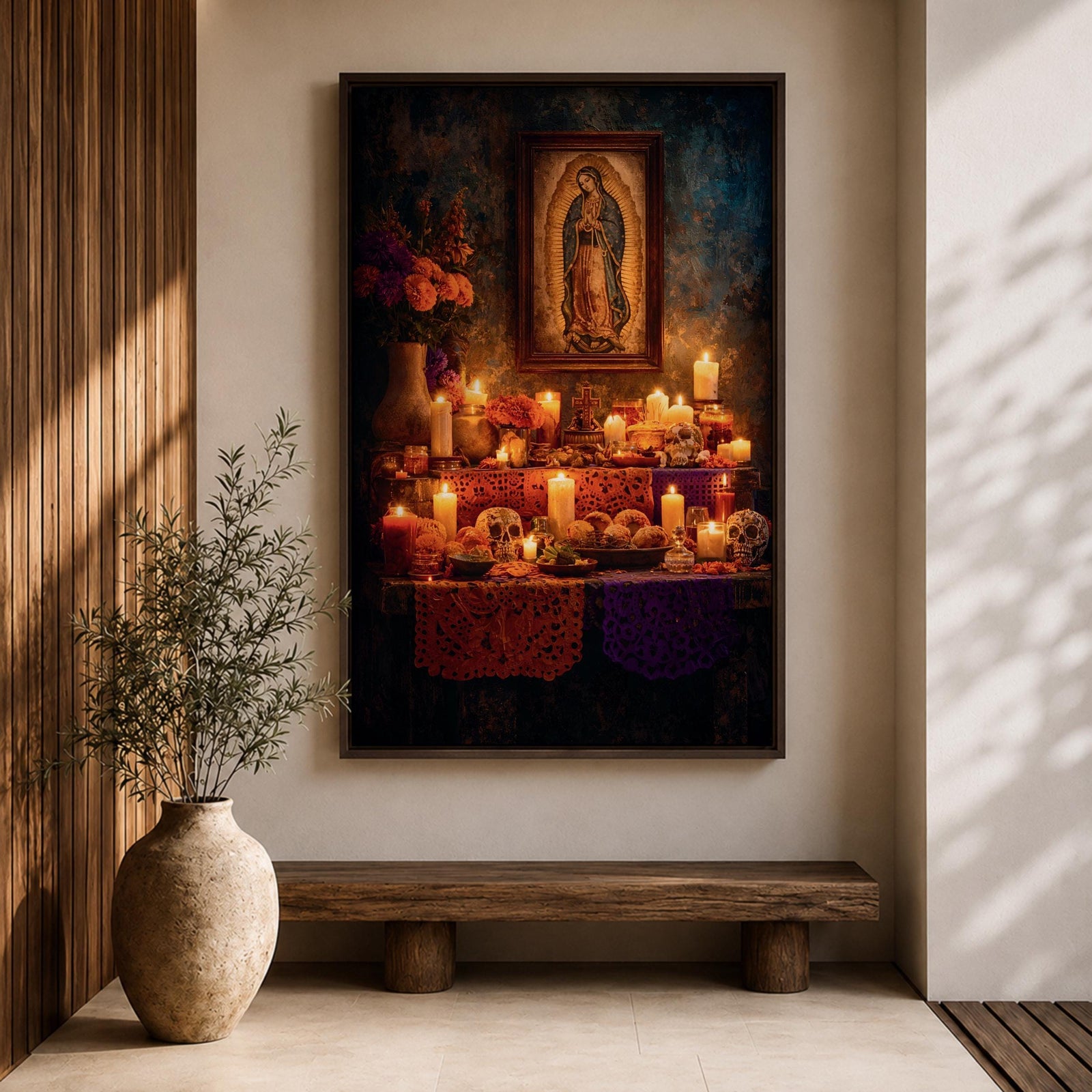 A vintage style framed canvas wall art depicting Our Lady of Guadalupe with a detailed image of the Virgin of Guadalupe surrounded by candles, flowers, and traditional Mexican altar elements, rendered in warm tones with a textured background.