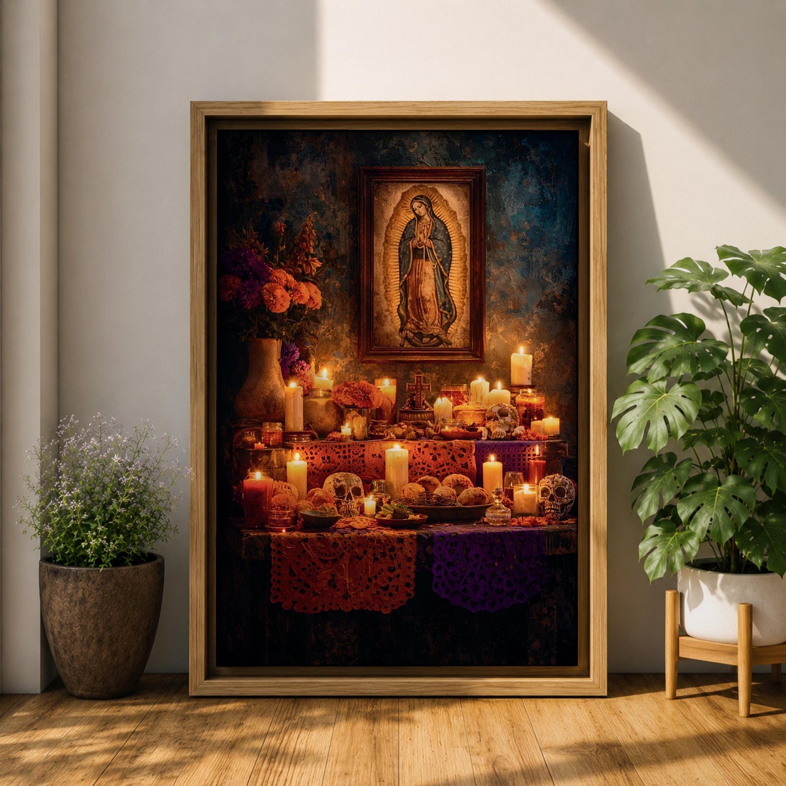 A vintage style framed canvas wall art depicting Our Lady of Guadalupe with a detailed image of the Virgin of Guadalupe surrounded by candles, flowers, and traditional Mexican altar elements, rendered in warm tones with a textured background.