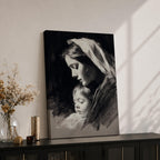 A detailed charcoal-style portrait of a mother tenderly holding her sleeping child, both shown in profile with soft shading and delicate lines emphasizing their peaceful expressions and close bond, rendered in monochrome with a focus on emotional intimacy and classical portraiture.
