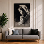 A detailed charcoal-style portrait of a mother tenderly holding her sleeping child, both shown in profile with soft shading and delicate lines emphasizing their peaceful expressions and close bond, rendered in monochrome with a focus on emotional intimacy and classical portraiture.