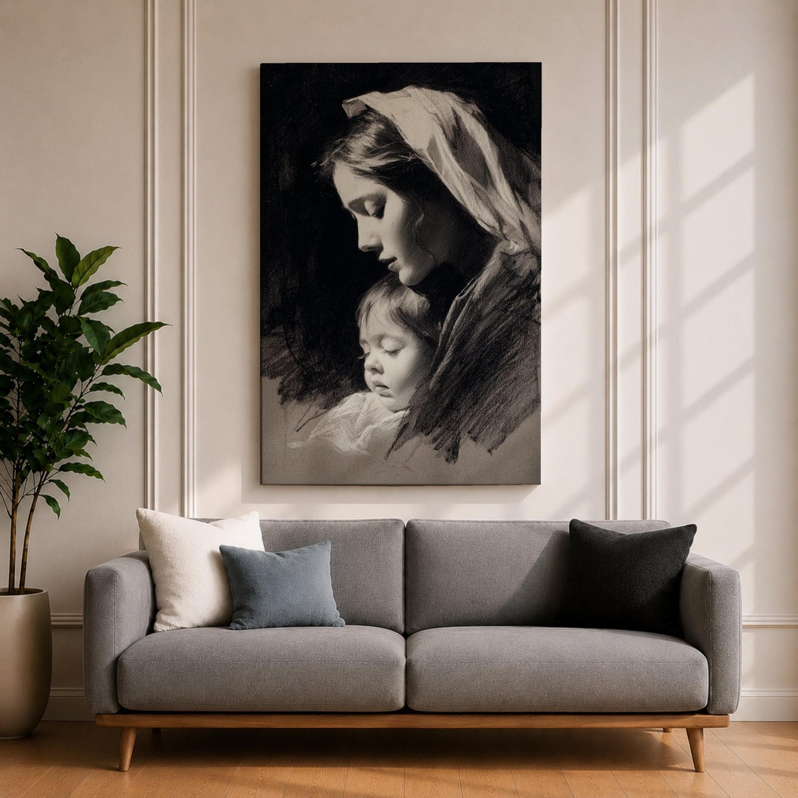 A detailed charcoal-style portrait of a mother tenderly holding her sleeping child, both shown in profile with soft shading and delicate lines emphasizing their peaceful expressions and close bond, rendered in monochrome with a focus on emotional intimacy and classical portraiture.