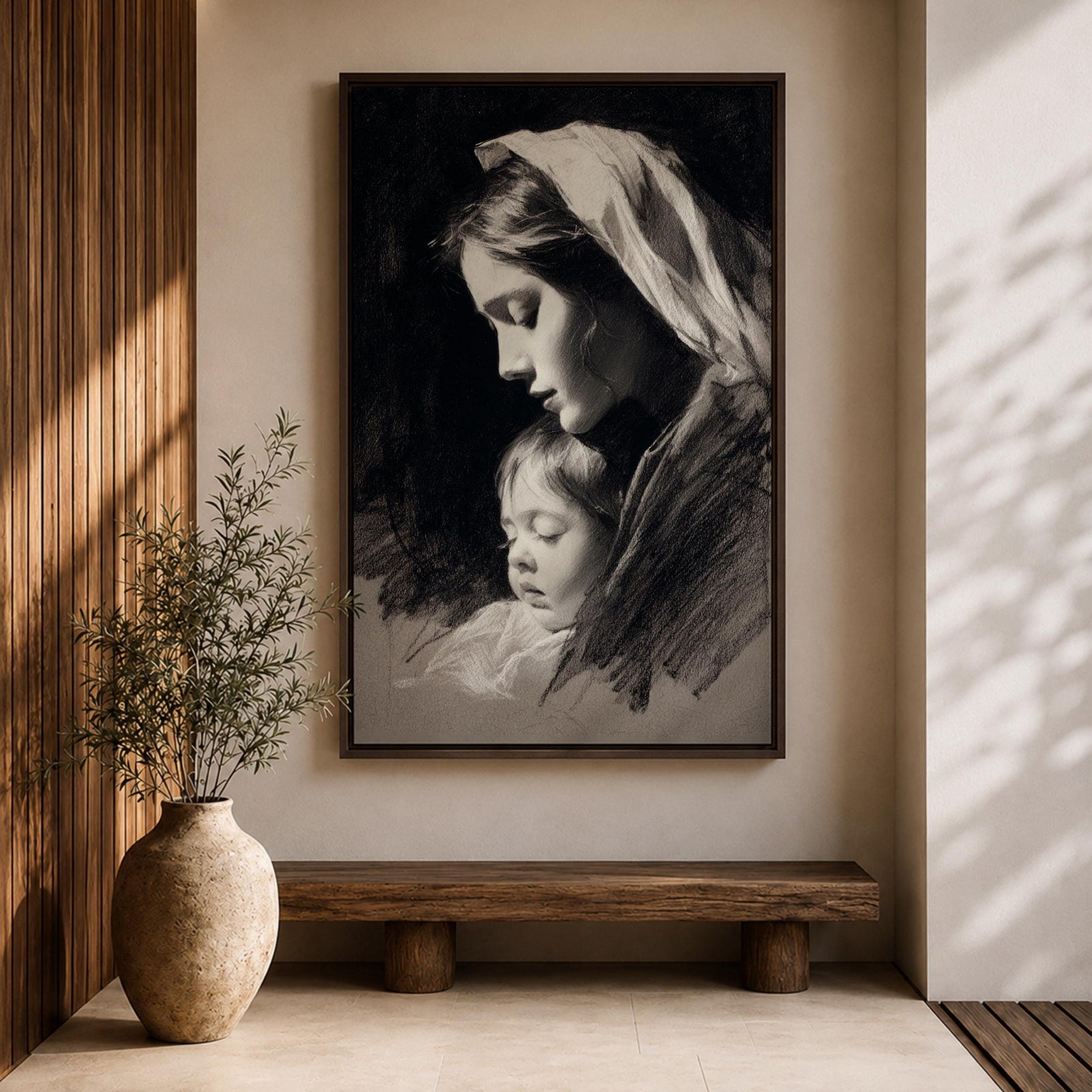 A detailed charcoal-style portrait of a mother tenderly holding her sleeping child, both shown in profile with soft shading and delicate lines emphasizing their peaceful expressions and close bond, rendered in monochrome with a focus on emotional intimacy and classical portraiture.
