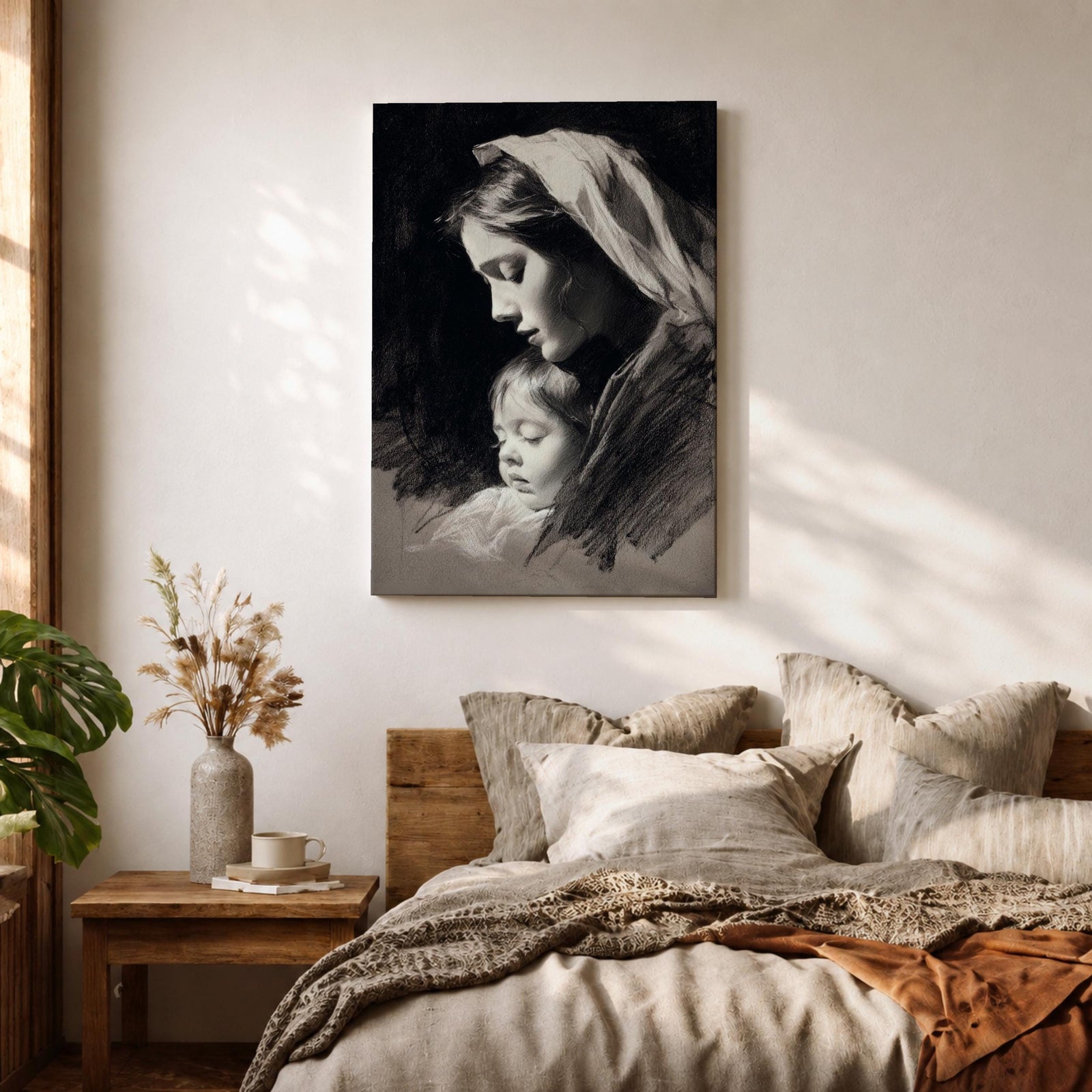A detailed charcoal-style portrait of a mother tenderly holding her sleeping child, both shown in profile with soft shading and delicate lines emphasizing their peaceful expressions and close bond, rendered in monochrome with a focus on emotional intimacy and classical portraiture.
