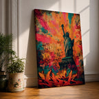 A bold graffiti style painting of the Statue of Liberty set against a vibrant explosion of color, featuring layered street art textures, spray paint marks, and expressive tags, with the iconic figure rendered in contrast against dynamic abstract backgrounds that emphasize urban energy and contemporary artistic style.
