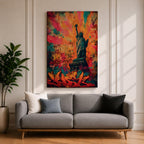 A bold graffiti style painting of the Statue of Liberty set against a vibrant explosion of color, featuring layered street art textures, spray paint marks, and expressive tags, with the iconic figure rendered in contrast against dynamic abstract backgrounds that emphasize urban energy and contemporary artistic style.