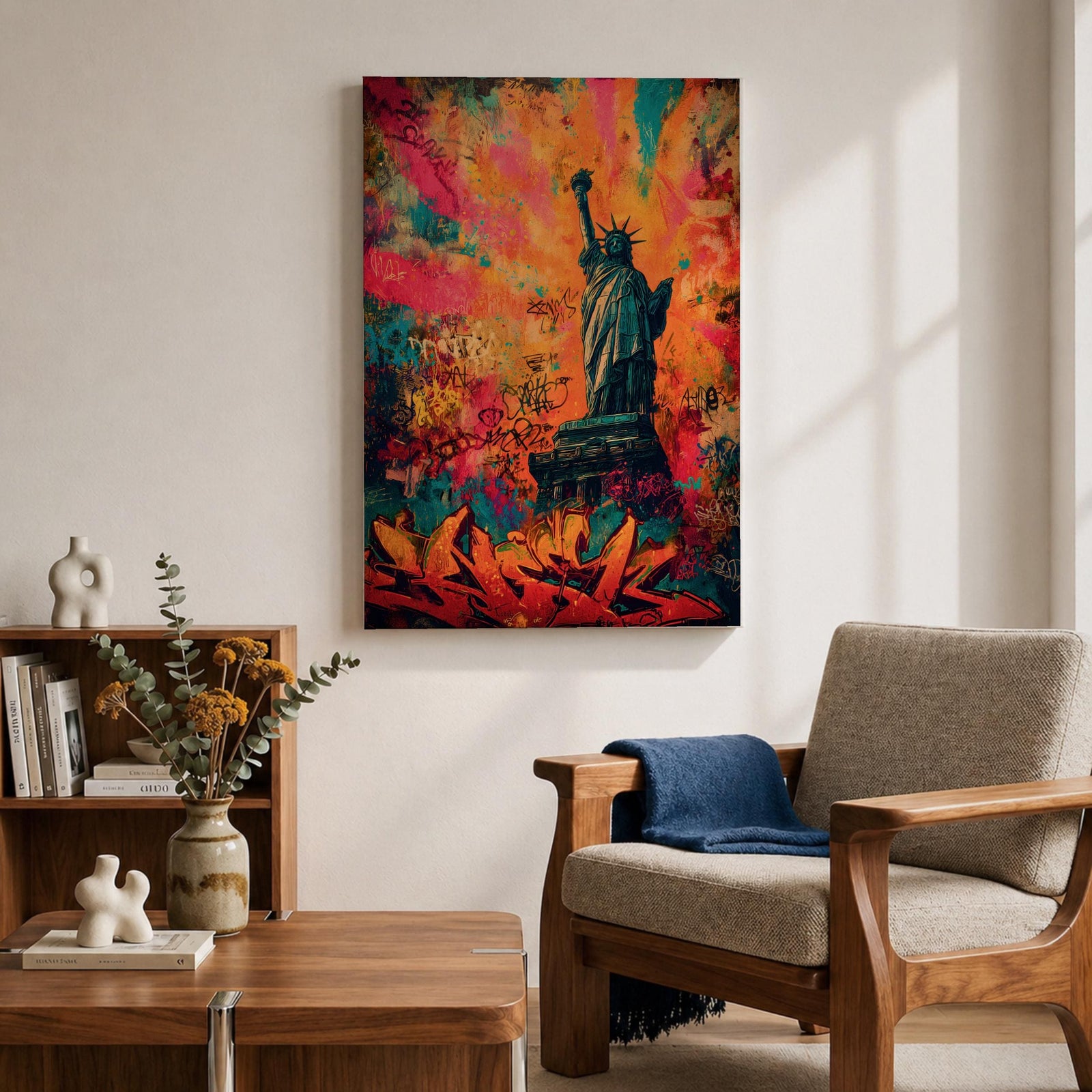 A bold graffiti style painting of the Statue of Liberty set against a vibrant explosion of color, featuring layered street art textures, spray paint marks, and expressive tags, with the iconic figure rendered in contrast against dynamic abstract backgrounds that emphasize urban energy and contemporary artistic style.