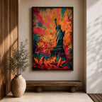 A bold graffiti style painting of the Statue of Liberty set against a vibrant explosion of color, featuring layered street art textures, spray paint marks, and expressive tags, with the iconic figure rendered in contrast against dynamic abstract backgrounds that emphasize urban energy and contemporary artistic style.