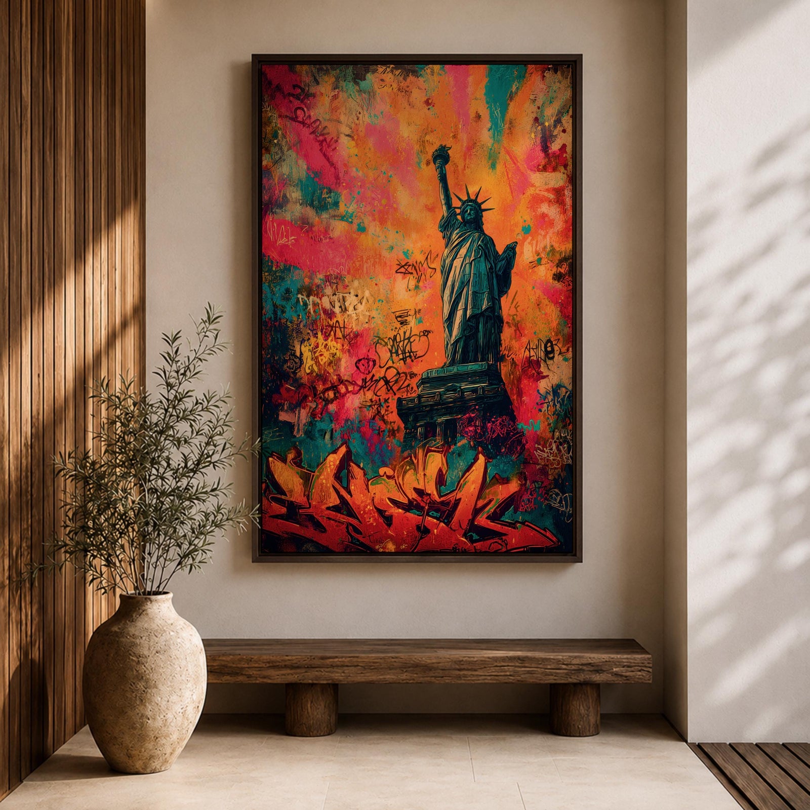 A bold graffiti style painting of the Statue of Liberty set against a vibrant explosion of color, featuring layered street art textures, spray paint marks, and expressive tags, with the iconic figure rendered in contrast against dynamic abstract backgrounds that emphasize urban energy and contemporary artistic style.