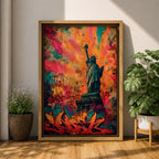 A bold graffiti style painting of the Statue of Liberty set against a vibrant explosion of color, featuring layered street art textures, spray paint marks, and expressive tags, with the iconic figure rendered in contrast against dynamic abstract backgrounds that emphasize urban energy and contemporary artistic style.