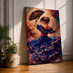 A flamenco dancer in a flowing blue dress moves gracefully with one arm raised holding an ornate fan, her skirt swirling in layered motion with vivid brushstrokes of red, gold, and violet, while her floral hairpiece and poised posture enhance the sense of rhythm and expressive movement in a richly textured composition.