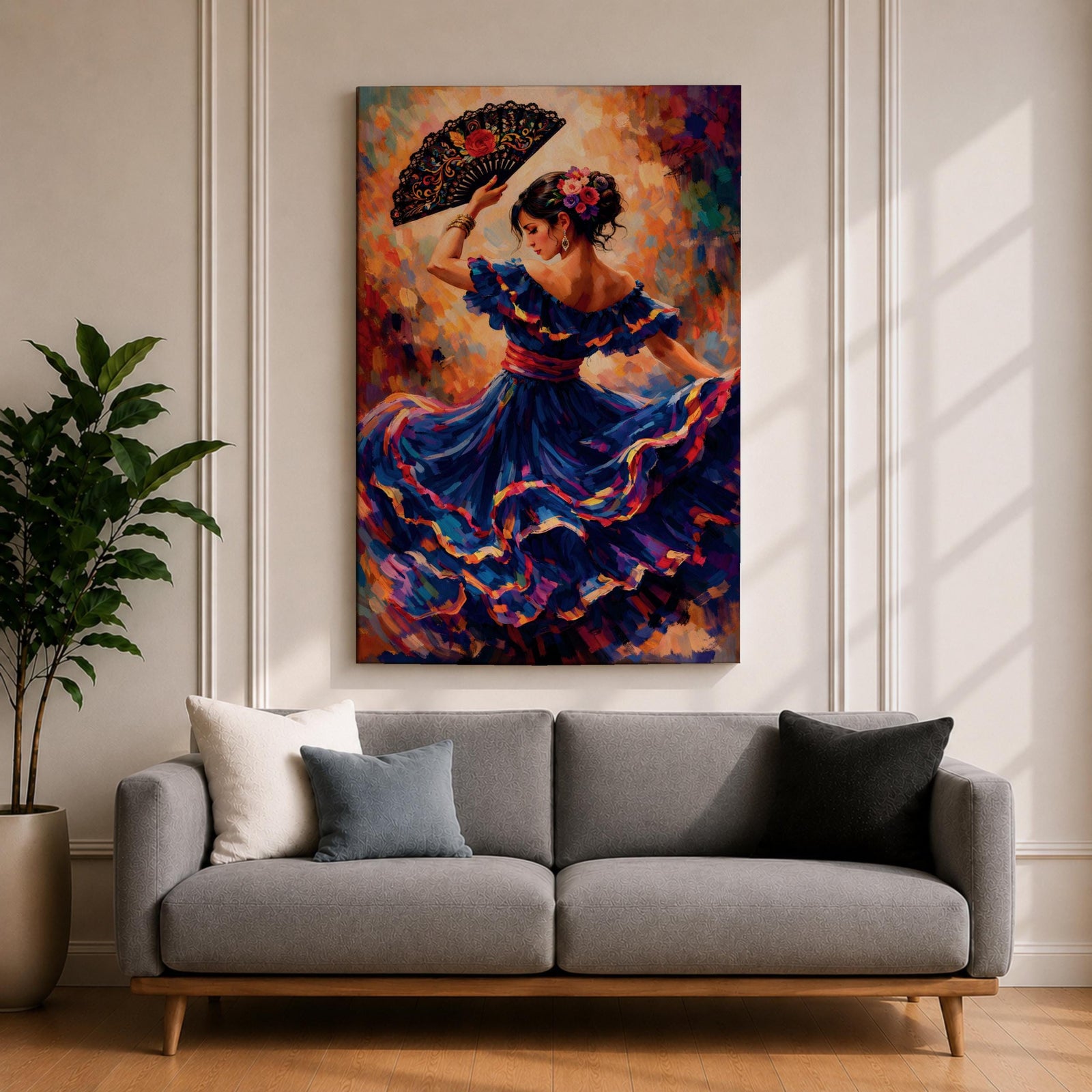 A flamenco dancer in a flowing blue dress moves gracefully with one arm raised holding an ornate fan, her skirt swirling in layered motion with vivid brushstrokes of red, gold, and violet, while her floral hairpiece and poised posture enhance the sense of rhythm and expressive movement in a richly textured composition.
