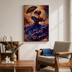 A flamenco dancer in a flowing blue dress moves gracefully with one arm raised holding an ornate fan, her skirt swirling in layered motion with vivid brushstrokes of red, gold, and violet, while her floral hairpiece and poised posture enhance the sense of rhythm and expressive movement in a richly textured composition.