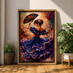 A flamenco dancer in a flowing blue dress moves gracefully with one arm raised holding an ornate fan, her skirt swirling in layered motion with vivid brushstrokes of red, gold, and violet, while her floral hairpiece and poised posture enhance the sense of rhythm and expressive movement in a richly textured composition.