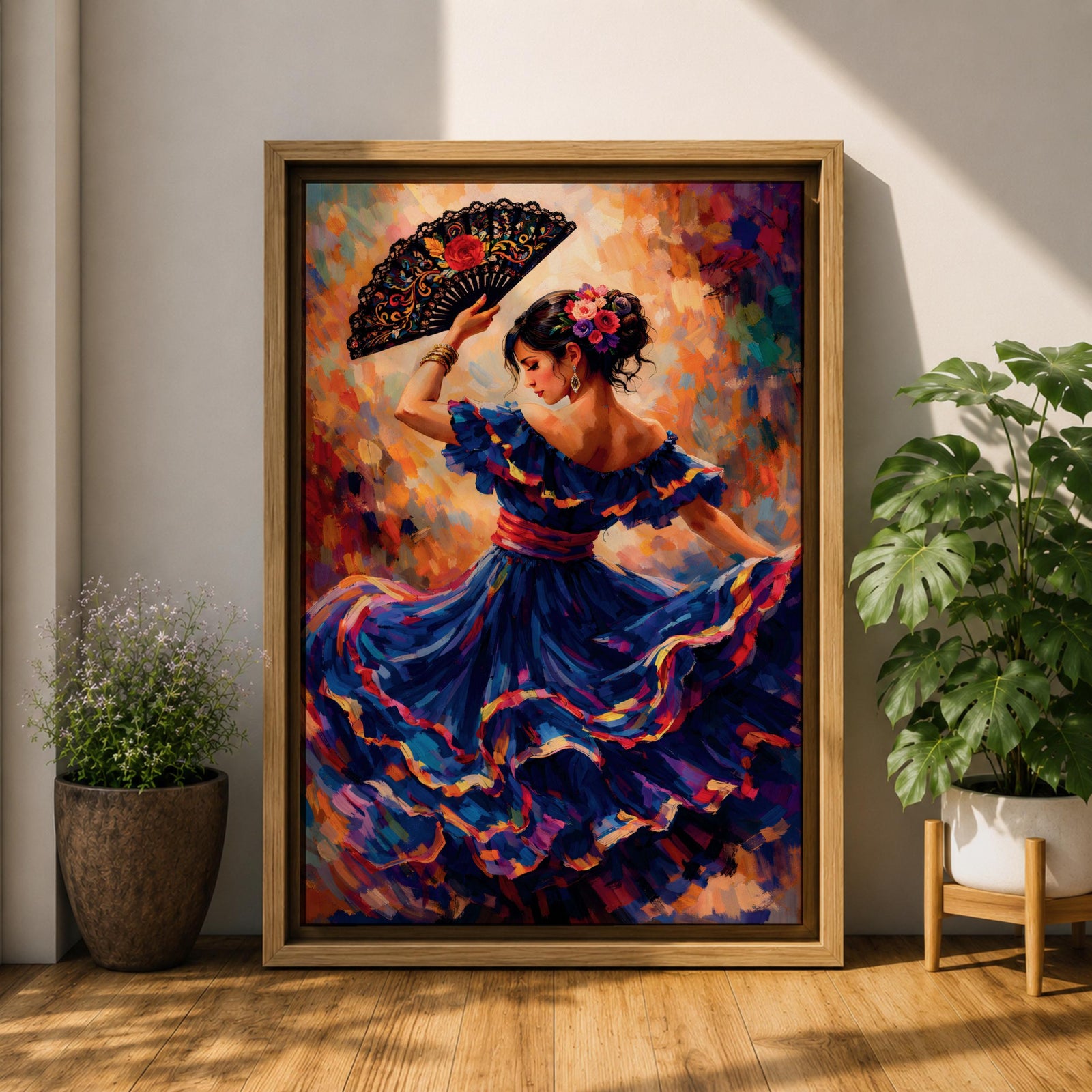 A flamenco dancer in a flowing blue dress moves gracefully with one arm raised holding an ornate fan, her skirt swirling in layered motion with vivid brushstrokes of red, gold, and violet, while her floral hairpiece and poised posture enhance the sense of rhythm and expressive movement in a richly textured composition.