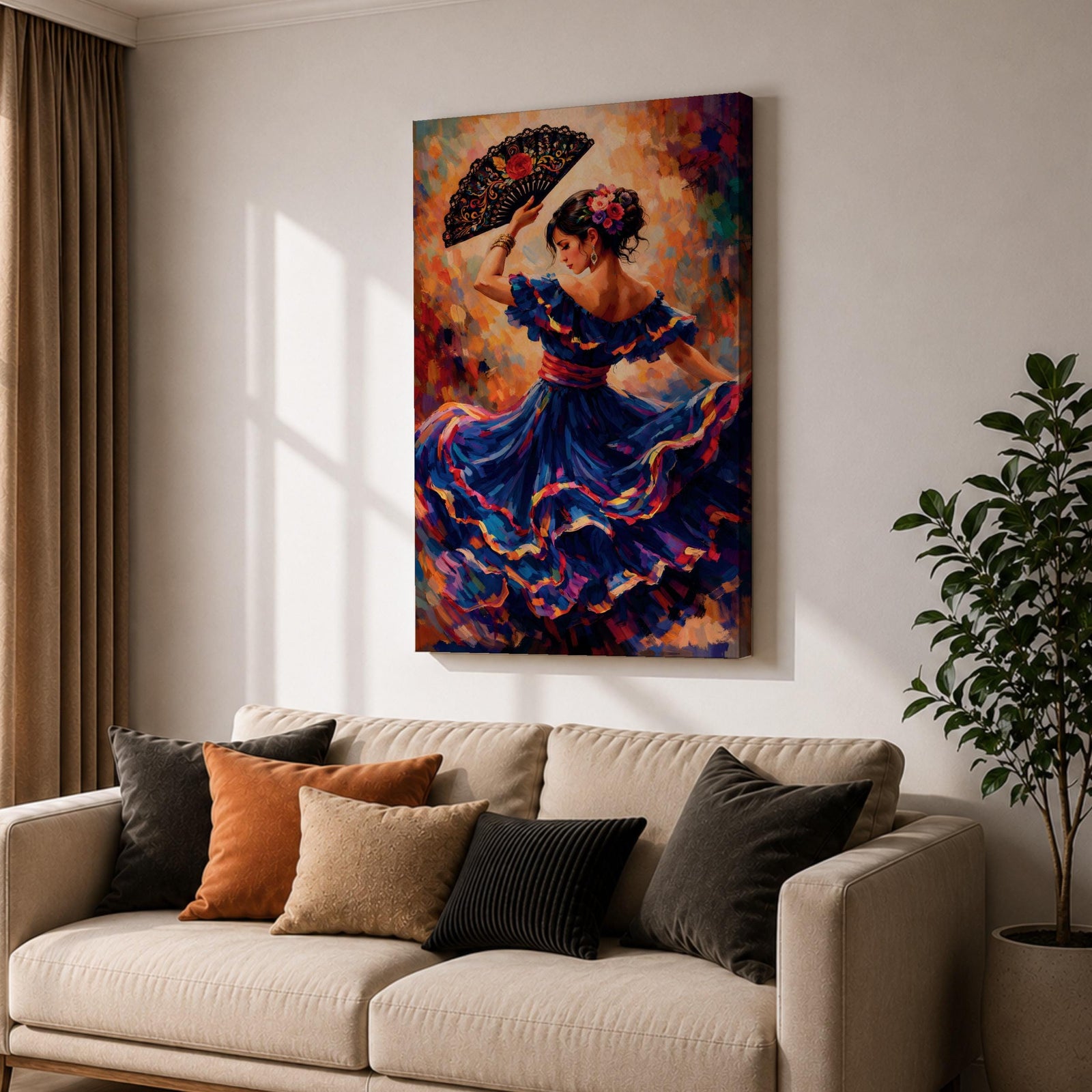 A flamenco dancer in a flowing blue dress moves gracefully with one arm raised holding an ornate fan, her skirt swirling in layered motion with vivid brushstrokes of red, gold, and violet, while her floral hairpiece and poised posture enhance the sense of rhythm and expressive movement in a richly textured composition.