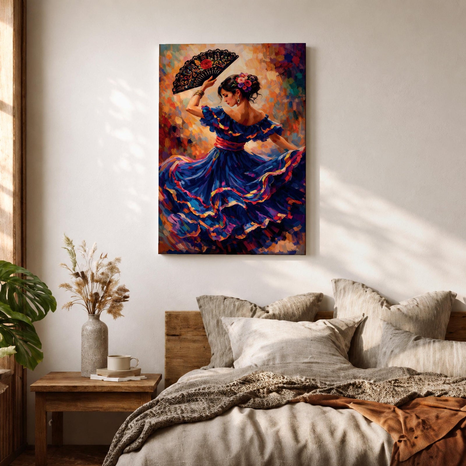 A flamenco dancer in a flowing blue dress moves gracefully with one arm raised holding an ornate fan, her skirt swirling in layered motion with vivid brushstrokes of red, gold, and violet, while her floral hairpiece and poised posture enhance the sense of rhythm and expressive movement in a richly textured composition.