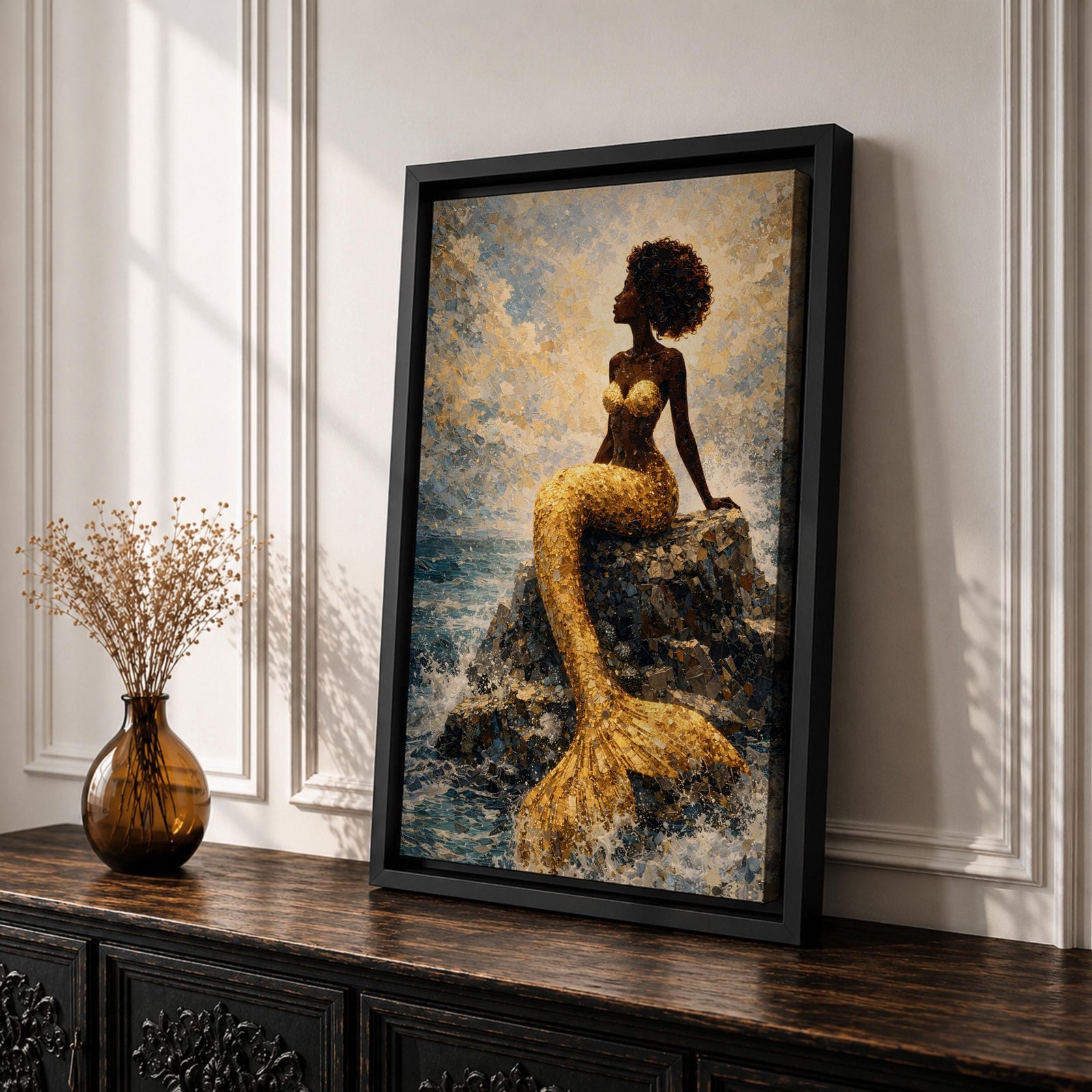 A stylized mermaid depicted as a Black woman with a voluminous afro sits gracefully on ocean rocks, her shimmering gold tail flowing into textured waves, rendered in a mosaic-like painterly style with luminous highlights and layered brushwork that captures movement of water, light, and the serene coastal atmosphere.