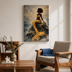 A stylized mermaid depicted as a Black woman with a voluminous afro sits gracefully on ocean rocks, her shimmering gold tail flowing into textured waves, rendered in a mosaic-like painterly style with luminous highlights and layered brushwork that captures movement of water, light, and the serene coastal atmosphere.