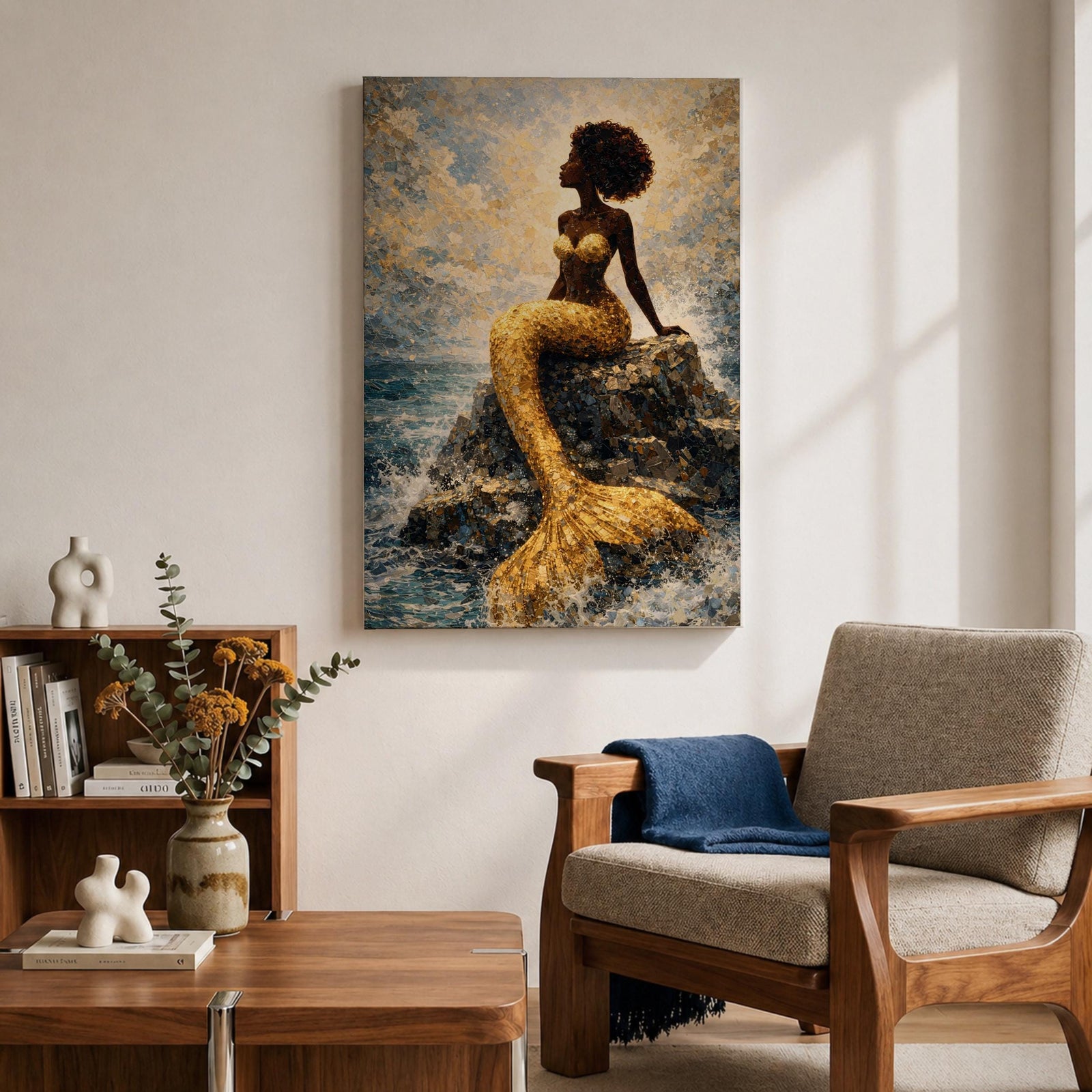 A stylized mermaid depicted as a Black woman with a voluminous afro sits gracefully on ocean rocks, her shimmering gold tail flowing into textured waves, rendered in a mosaic-like painterly style with luminous highlights and layered brushwork that captures movement of water, light, and the serene coastal atmosphere.