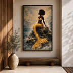 A stylized mermaid depicted as a Black woman with a voluminous afro sits gracefully on ocean rocks, her shimmering gold tail flowing into textured waves, rendered in a mosaic-like painterly style with luminous highlights and layered brushwork that captures movement of water, light, and the serene coastal atmosphere.
