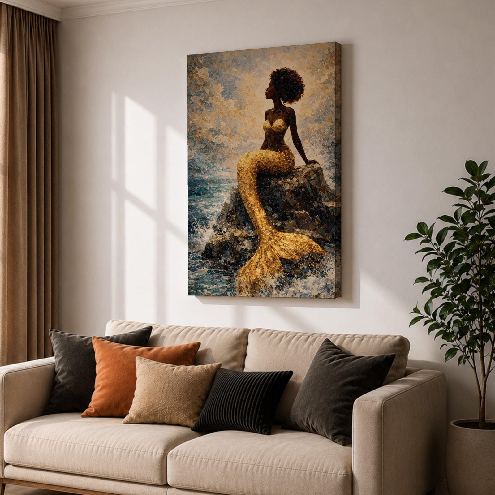 A stylized mermaid depicted as a Black woman with a voluminous afro sits gracefully on ocean rocks, her shimmering gold tail flowing into textured waves, rendered in a mosaic-like painterly style with luminous highlights and layered brushwork that captures movement of water, light, and the serene coastal atmosphere.