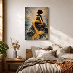 A stylized mermaid depicted as a Black woman with a voluminous afro sits gracefully on ocean rocks, her shimmering gold tail flowing into textured waves, rendered in a mosaic-like painterly style with luminous highlights and layered brushwork that captures movement of water, light, and the serene coastal atmosphere.