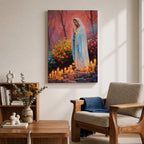 A detailed painting of Our Lady of Lourdes depicts the Virgin Mary standing with hands clasped in prayer, surrounded by blooming flowers and lit candles. The image captures a serene religious scene symbolizing the Marian apparition, rendered in a realistic style with vibrant colors and soft shading.