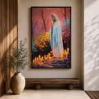 A detailed painting of Our Lady of Lourdes depicts the Virgin Mary standing with hands clasped in prayer, surrounded by blooming flowers and lit candles. The image captures a serene religious scene symbolizing the Marian apparition, rendered in a realistic style with vibrant colors and soft shading.