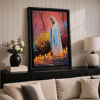 A detailed painting of Our Lady of Lourdes depicts the Virgin Mary standing with hands clasped in prayer, surrounded by blooming flowers and lit candles. The image captures a serene religious scene symbolizing the Marian apparition, rendered in a realistic style with vibrant colors and soft shading.